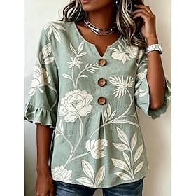 Women's Blouse Buttons Print Floral Graphic Vintage Stylish 3/4 Length Sleeve Crew Neck Regular Tops Casual Daily Going out Blue Green Summer Spring