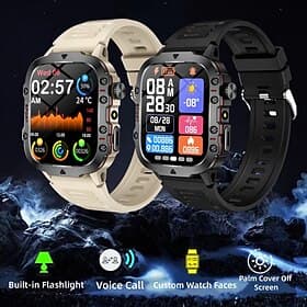 Montre connectée militaire pour homme avec appels Bluetooth, bracelet d'activité tactique robuste avec lampe torche intégrée, protection de la paume pour écran