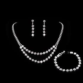 Jewelry Set Three-piece Suit Rhinestone Chrome Earrings Necklace Women's Fashion Square Jewelry Set For Wedding