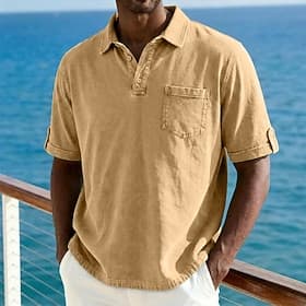Homme Polo Chemise 100% coton délavée à l'acide Occasionnel Fête Revers Manche Courte Mode Basique Uni Texturé Boutons Vintage Été Printemps Coupe régulière Bl