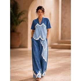 Women's Shirt Cotton Linen Sets Pants Sets Short Sleeve V Neck Floral Graphic Geometric Print Vacation Fashion Streetwear Casual Daily Outdoor Blue White Black