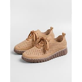 Women's Khaki Breathable Hollow-Out Walking Shoes – Lightweight Lace-Up Casual Shoes with Soft Sole for Travel, Shopping and Everyday Wear