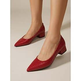 Women's Comfortable Red Croc Pumps - Retro Pointed Toe Mid Block Heels Leather Dress Shoes for Office Work  Business Casual