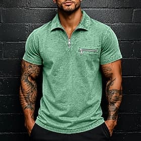 Homme Chemise délavée à l'acide Chemise de golf Occasionnel Travail Revers Manche Courte Mode Basique Couleur Unie Fermeture éclair Boutons Été Printemps Bleu