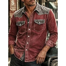 Men Shirt Casual Shirt Work Shirt Western Shirt Button Up Shirt Garment Dyed Blue Black Red Green Long Sleeve Plain Shirt Collar Casual Daily Front Pocket Clot