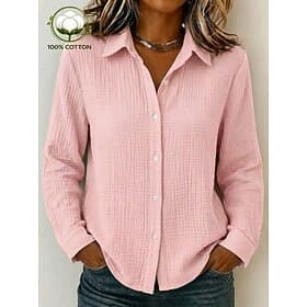 Femmes 100% Coton Chemise boutonnée Texture Boutons Quotidien manche longue Occasionnel Jaune Rose Claire Beige Printemps, Automne, Hiver, Été thumbnail 2