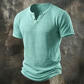 Men's Henley Shirt Linen-Like T-shirt Short Sleeve Henley Summer Solid Color Elegant Classic Casual Daily Hollow Out Mesh Casual Home Outdoor Blue Black Green