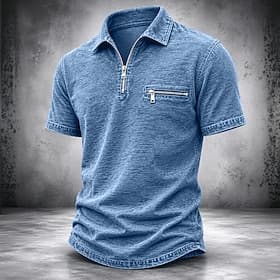 Homme Polo Chemise délavée à l'acide Occasionnel Travail Zip quart Manche Courte Mode Basique Uni Fermeture éclair Boutons Été Printemps Bleu bleu marine Vert