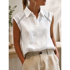 Débardeur femme 100% coton, patchwork ajouré, sans manches, col classique, blanc, été, printemps
