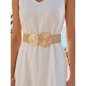 Women's Boho Woven Elastic Waist Belt, Multi-Color Straw Stretch Dress Belt with Gold Buckle for Summer Vacation, Beach, Resort and Casual Outfit Styling