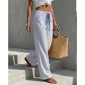 Femmes Jambe large Chinos Vacances Mode Décontracté Quotidien Longueur complète Taille Moyenne Rayé Confort Non Elastique Vacances Formel Bleu Noir Amande Roug