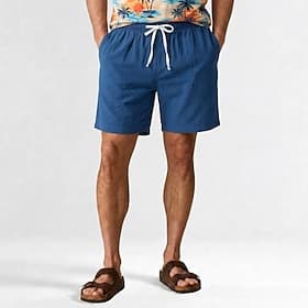 Men's Cotton Linen Shorts - Drawstring Summer Shorts - Blue