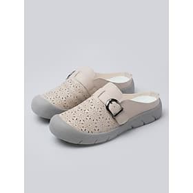 Women's Beige Microbial Leather Comfort Mule Shoes – Breathable Perforated Slip-On Walking Shoes with Anti-Collision Toe Protection, Cushioned Footbed, Lightwe