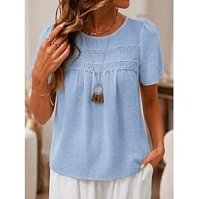 Femmes T-shirt Jacquard Pois Uni Élégant Manche Courte Manches bouffantes Col ras du cou Hauts Réguliers Occasionnel Quotidien Sortir Bleu Blanche Rose Claire