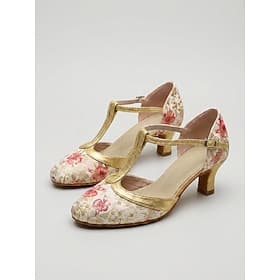 Women's Elegant Gold Floral Kitten Heel Ballroom Dance Shoes - Vintage T-Strap Dance Heels with Flexible Suede Sole for Social Dancing, Weddings, Dance Classes