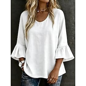 Femmes Chemise Chemisier Couleur Unie Élégant Occasionnel Manche 3/4 Manche cloche Col ras du cou Hauts Réguliers Occasionnel Blanche Jaune Bleu Ciel Violet Cl