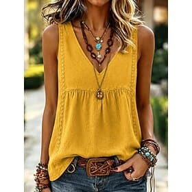 Women's Shirt Solid Color Plain Bohemia Vintage Fashion Sleeveless V Neck Long Tops Casual Yellow Pink Summer Spring