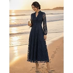 Ligne A Longueur cheville Robe en Dentelle Robe de Mère de Mariée  manche longue Col en V Élégant ancien Luxueux Formel robe demoiselle d honneur Fête de maria