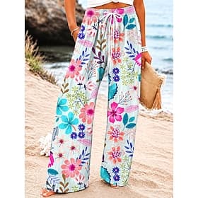 Femmes Jambe large Chinos Pantalons Vacances Mode Boho Longueur complète Taille Moyenne Fleuri Graphique Plantes Avec Poches Taille Élastique Imprimé Confortab