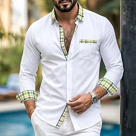 Men's Shirt Summer Shirt Casual Shirt Button Up Shirt Color Block Casual Daily White Yellow Navy Blue Green Long Sleeve Collar Summer Spring Clothing Apparel F
