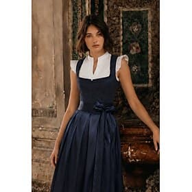 Oktoberfest Dirndl Dress Midi Length Satin Look Apron with Pockets Square Neck Maid Bavarian German Alpine Wiesn Women's Carnival Beer Festival Traditional Sty