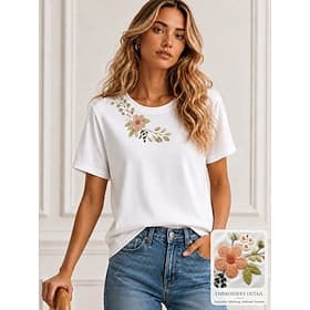 Femmes 100% Coton T-shirt brodé Fleuri Graphique ancien Élégant Occasionnel Manche Courte Col ras du cou Hauts Réguliers Occasionnel Quotidien Week-end Blanche thumbnail 3