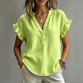 Femmes Chemise Chemisier Patchwork Couleur Unie Bohème Mode Occasionnel Manche Courte Pétale Col Polo Hauts Réguliers Occasionnel Noir Blanche Bleu Ciel Vert C
