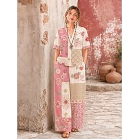 Femmes Chemise Ensembles en coton et lin Ensembles de Pantalons Manche Courte Col en V Fleuri Graphique Géométrique Imprimé Vacances Mode Streetwear Occasionne thumbnail 6