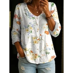 Femmes Chemise Froncé Boutons A Ombre Fleuri Graphique Élégant Bohème Vacances Col en V Hauts Longs Occasionnel Blanche Bleu Ciel Été Printemps