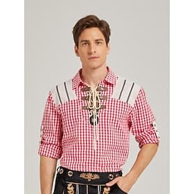 Oktoberfest Chemises traditionnelles Motif vichy rouge Laçage devant Bavarois Allemand Patrimoine Prairies Homme Carnaval Fête de la Bière Tissu de style tradi