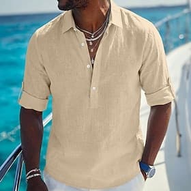 Men Shirt Linen Shirt Summer Shirt Beach Wear Plain Casual Daily Blue White Black Green Long Sleeve Lapel Spring  Summer Summer Clothing Apparel Plain