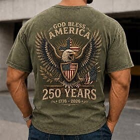 T-shirt homme 250e anniversaire du 4 juillet 2026, 100 % coton, délavage à l'acide, manches courtes, impression directe sur textile, col rond, mode quotidienne thumbnail 2