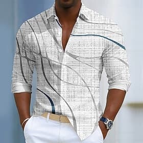 Men's Geometric Waves Abstract Art Shirt Summer Shirt Button Up Shirt Long Sleeve Fashion Casual Daily Outdoor Summer Spring Turndown 3D Print Linen Like Shirt thumbnail 3
