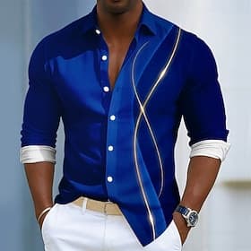 Men's Geometric Waves Abstract Art Shirt Summer Shirt Button Up Shirt Long Sleeve Fashion Casual Daily Outdoor Summer Spring Turndown 3D Print Linen Like Shirt thumbnail 4