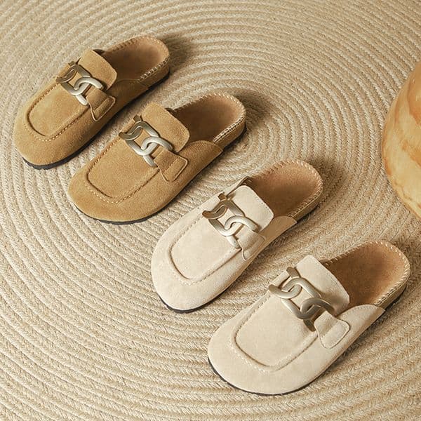 Chain Metal Slippers Woman Nubuck Designer Shoes Leather Flat Sandals Cover Toe Mules Femme Cork Slides Outside Clogs Sandalia Ladies