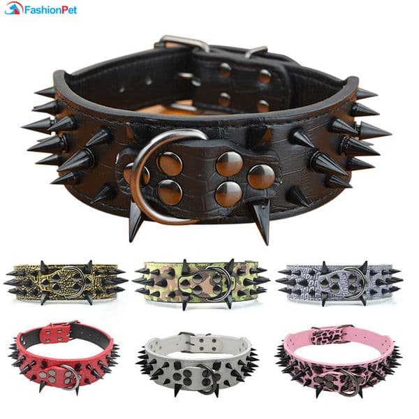 High Quality 2 "Width Pu Leather Big Dog Collar with Black Sharp Spikes Studded for Large Dog Pet Pitbull Mastiff K5825