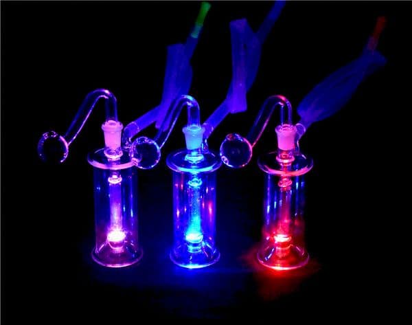 Mini Recycler Glass Bong LED Light Oil Water Pipes Bongs inline Perc ash catcher hookah with 10mm oil burner pipe