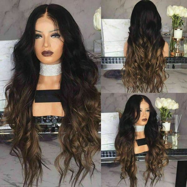 Fashion Women's Black Brown Ombre Long Wavy Curly Full Wigs Daily Party Wig