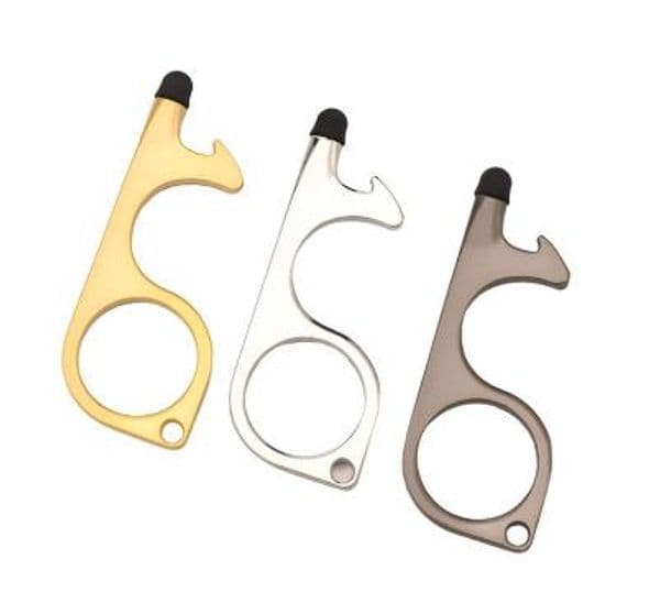 Polychromatic Metal Safety Touchless Door Opener Stylus Key Hook metal Hands Free Door Handle Opener Tool Keychain with silicone head
