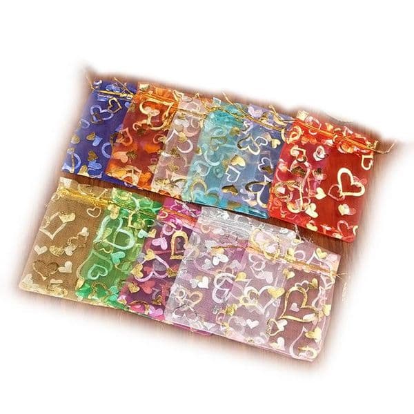 200Pcs Gold Heart Organza Drawstring Bags Wedding Favor Gift Bag 9X12 cm ( 3.5 x 4.7 inch) Multi Colors Organza Drawstring Bags