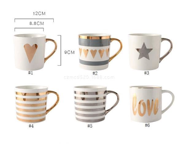 Fine Porcelain Mug for Coffee Tea Handle Painted by Real Gold Platinum Valentine Wedding Gifts 6 Pattern Heart Star Stripes Love SN5047
