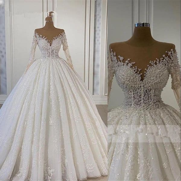 Bling A Line Wedding Dresses Bridal Gowns Lace Jewel Neck Long Sleeves Illusion Crystal Beading Floor Length Vestidos De Novia Plus Size 403
