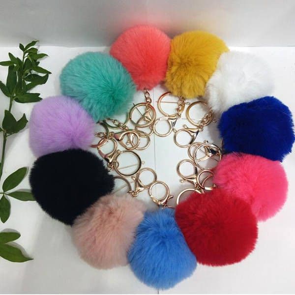 500pcs Rabbit Fur Ball Keychain 8cm Soft Lovely Gold Metal Key Chains Ball Pom Poms Plush Keychains Car Keyring Bag