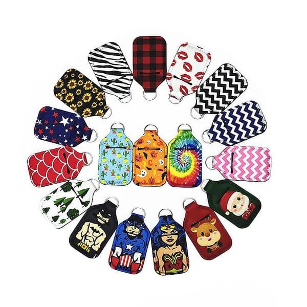 DHL Shipping Neoprene Hand Sanitizer Bottle Holder Chapstick Holder Keychains Lipstick Holder Keychain Party Favor 24 Styles in stock USA