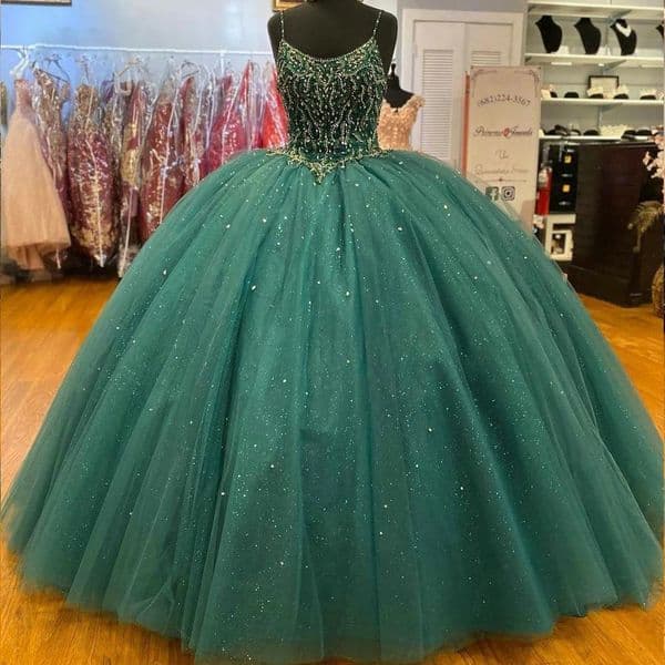 Sparking Glitter Quinceanera Dress Custom A Line Tulle Ball with Beaded Ruched Draping V Neck Spaghetti Strap Sleeveless Capped Sleeve Sweep Train Built In Bra