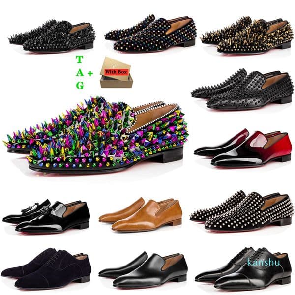 Mens Red Bottoms Shoes Designers Low Flat Rivets Embroidery Man Business Banquet Dress Shoe Luxurys Patent Suede Stylist Spikes Genuine Leat