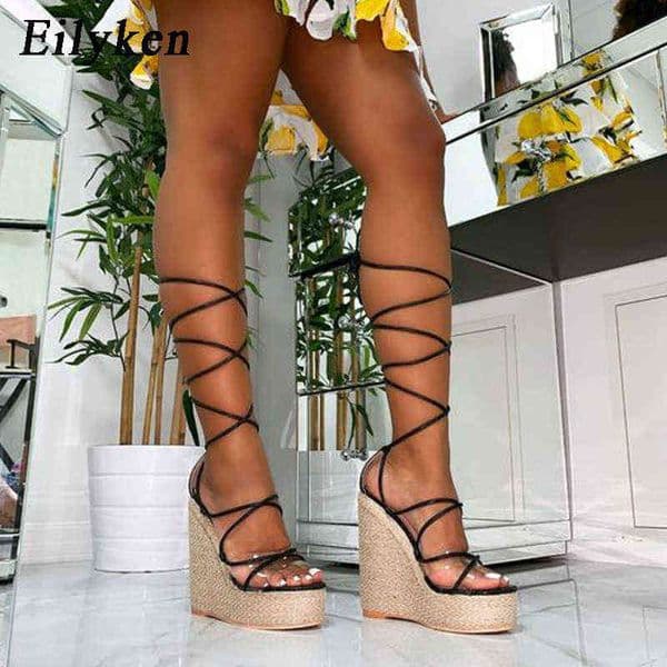 Eilyken 2022 New Champagne Gold Women Sandals Black Lace-up Peep toe Summer Wedges High Heels Large Size 35-42 Elegant Sandals