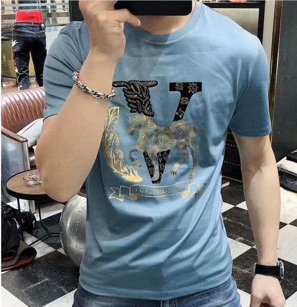 Summer 2021 men's T-shirt new trend ice silk cotton short-sleeved wild handsome hot diamond embroidery half-sleeved t-shirt