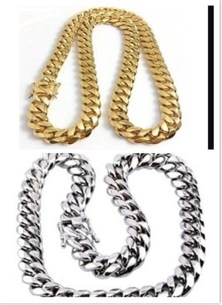 Stainless Steel Jewelry 18K Gold Plated High Polished Miami Cuban Link Necklace Men Punk 15mm Curb Chain Double Safety Clasp 18inch-30inch
