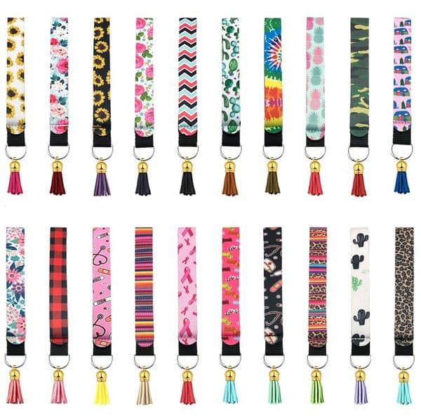 Colorful Neoprene Wristlet Keychain Fashion Printed Hand Wrist Lanyard Keyrings Women Bag Pendant Tassel Keychains Car Key Holder GGE2128